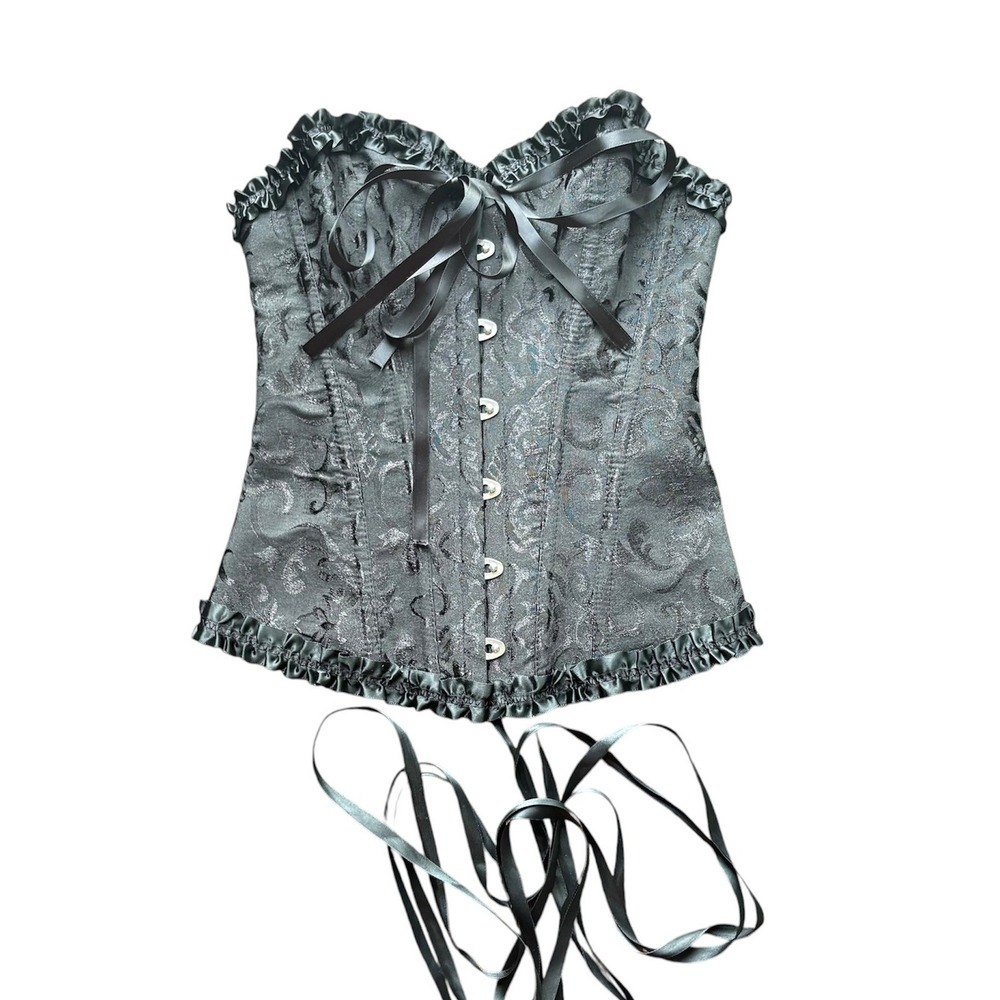 Black Brocade Corset Top Ribbon Ties XS Gothic Dark Coquette Y2K